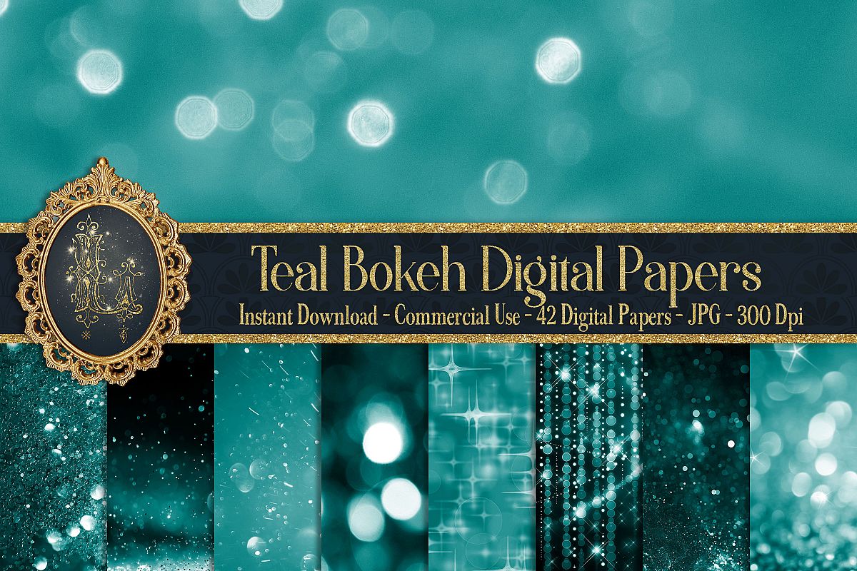 42 Teal Bokeh Realistic Blurred Bokeh Digital Papers 12x12" example image 1
