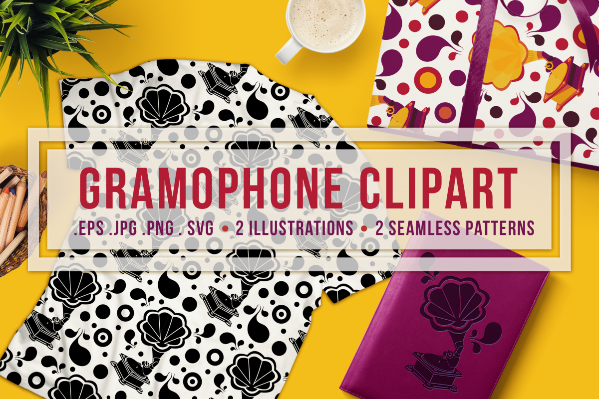 Retro Gramophone Clipart And Seamless Patterns example image 1