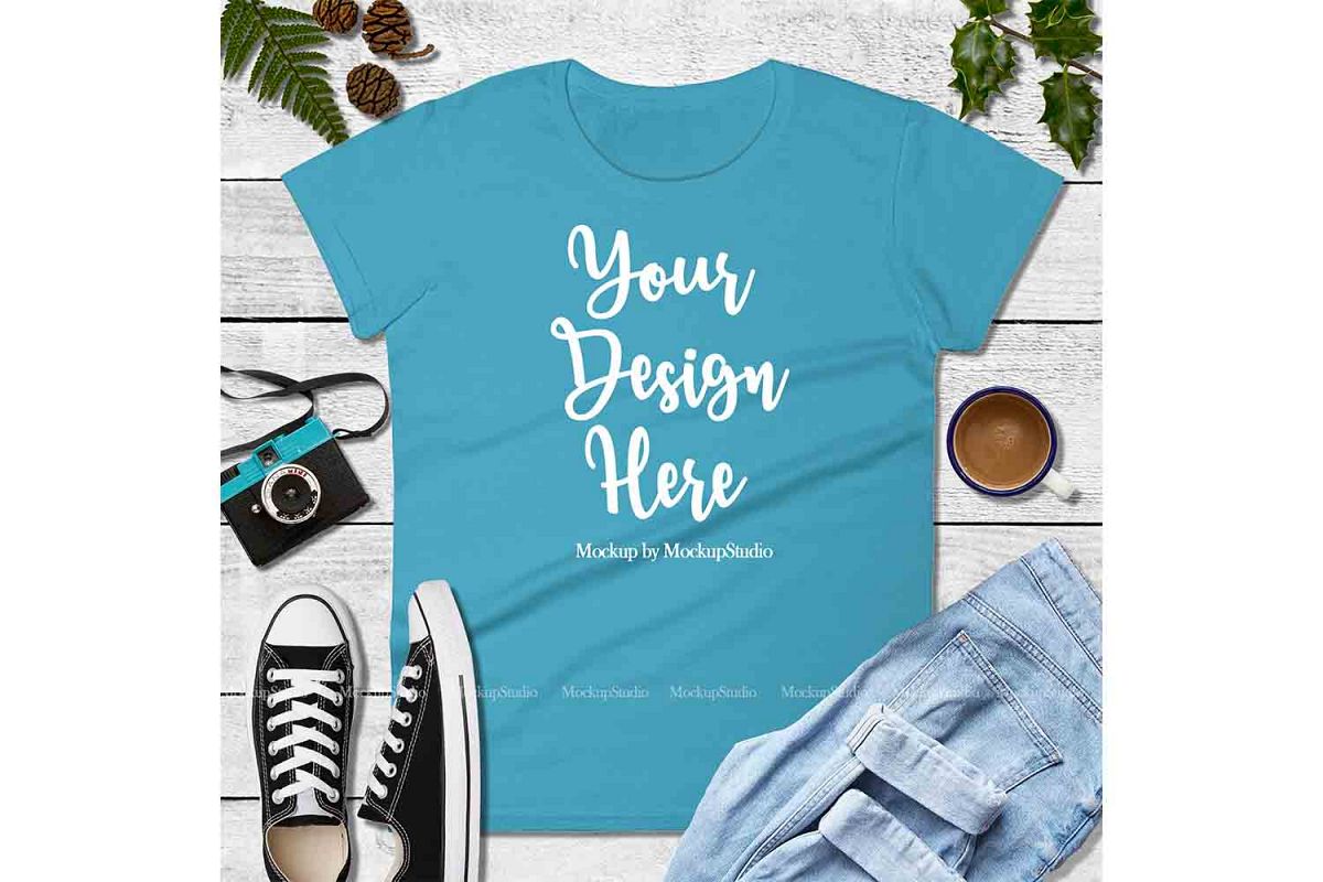 Blue Shirt Mock Up, Anvil 880 Tshirt Mockup, Tee Flat Lay example image 1