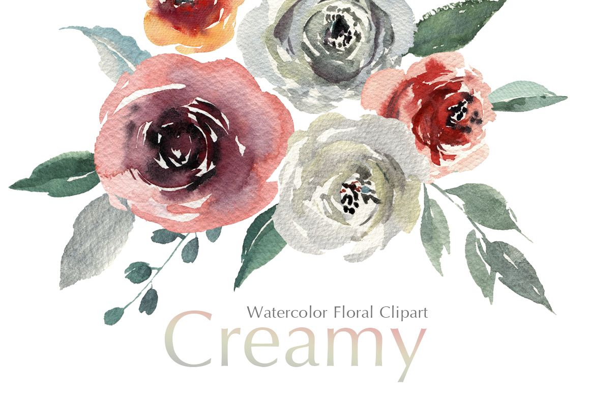 Watercolor Flowers Creamy Roses PNG example image 1