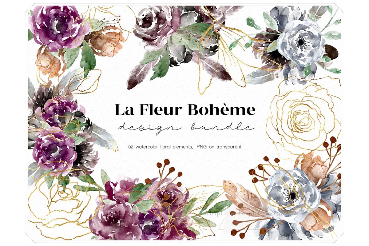 Watercolor Boho Flowers Design Bundle example image 1