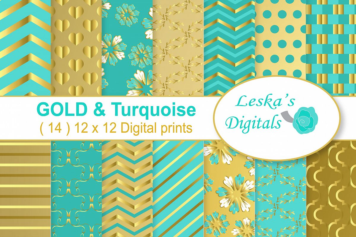 Gold Turquoise Scrapbook Paper example image 1