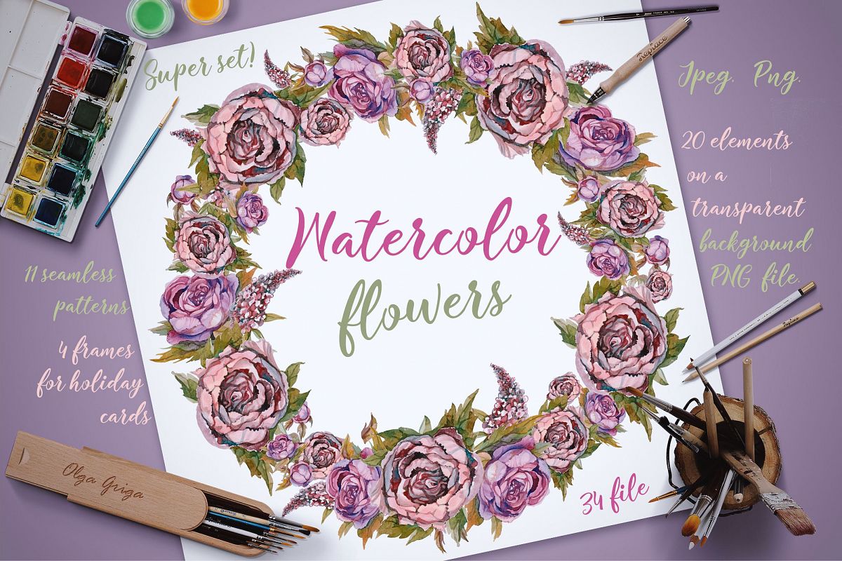 Watercolor flowers. Set of vintage flowers, painting. example image 1