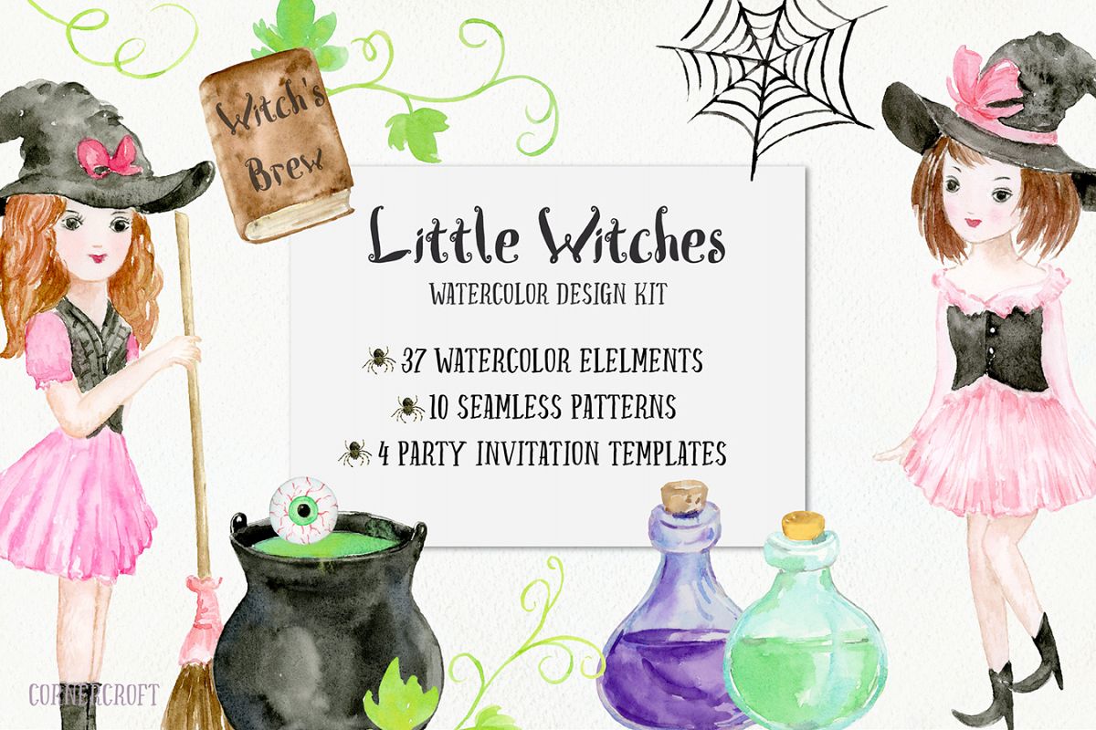 Little Witches Watercolor Design Kit example image 1