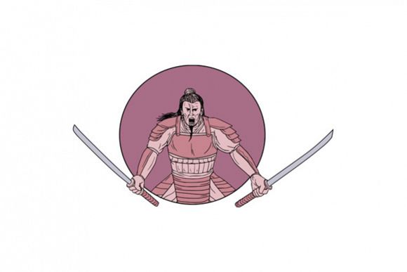 Raging Samurai Warrior Two Swords Oval Drawing example image 1