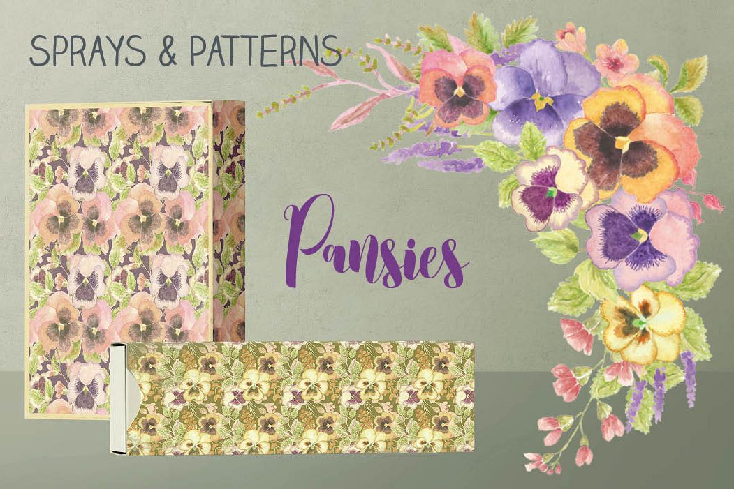 Colorful pansies: sprays and patterns in watercolor example image 1