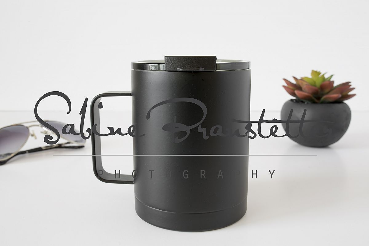 Styled Stock Photography Black Insulated Coffee Mug Mockup example image 1