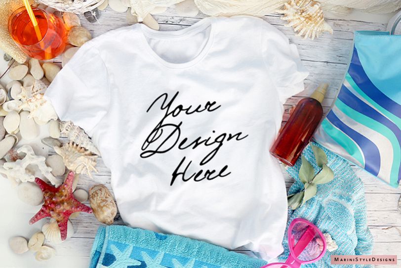 Summer t-shirt Mockup, Beach Style White t-shirt Mockup 955 example image 1