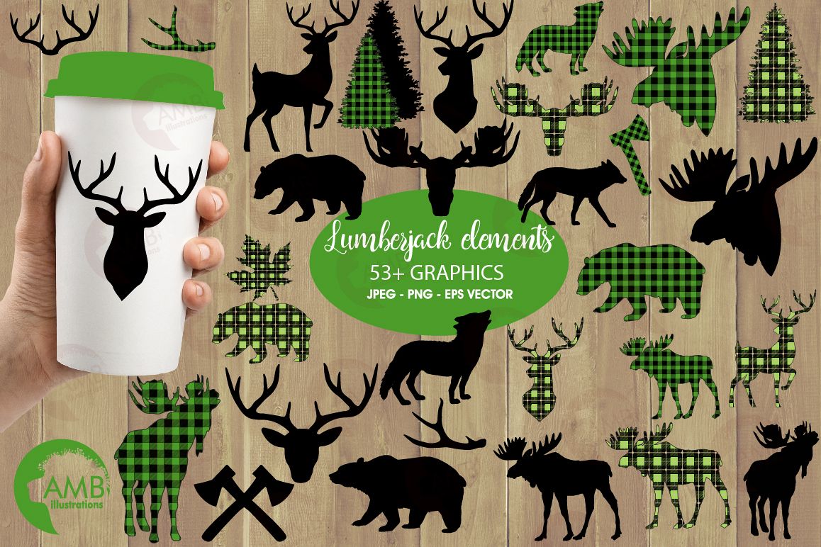 Lumberjack clipart, Green Buffalo plaid, Forest animal silhouettes graphic, illustration, AMB-2360 example image 1