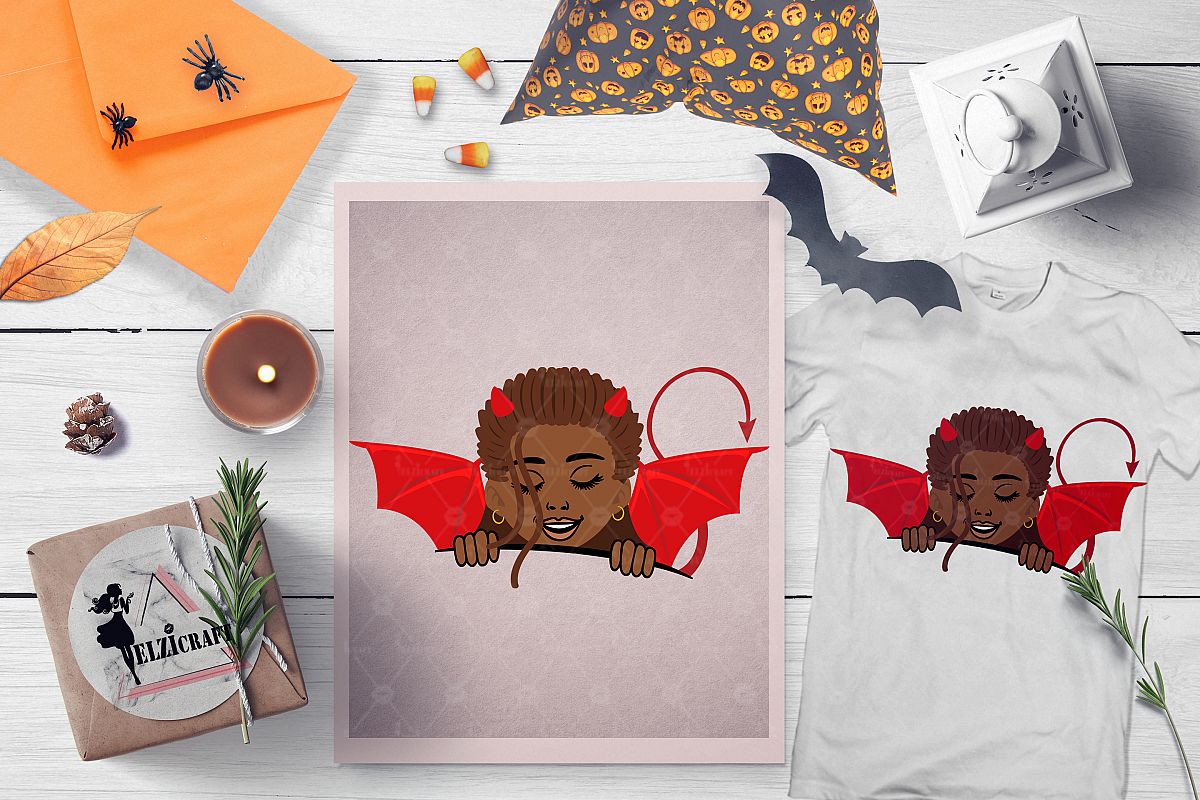 Halloween Afro Peeking Kid Little Devil Girl SVG Cut File example image 1