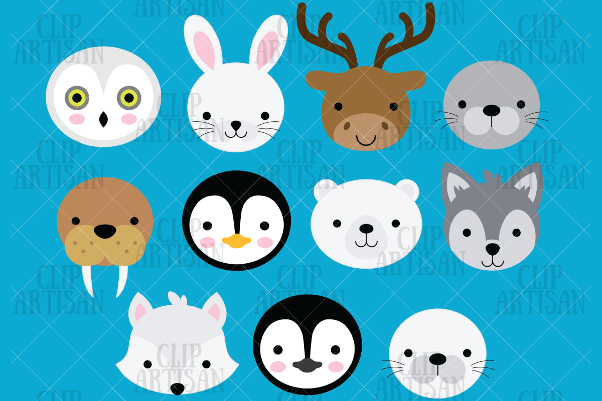 Arctic Animal Faces Clipart, Penguin, Seal, Polar Bear (444795 ...