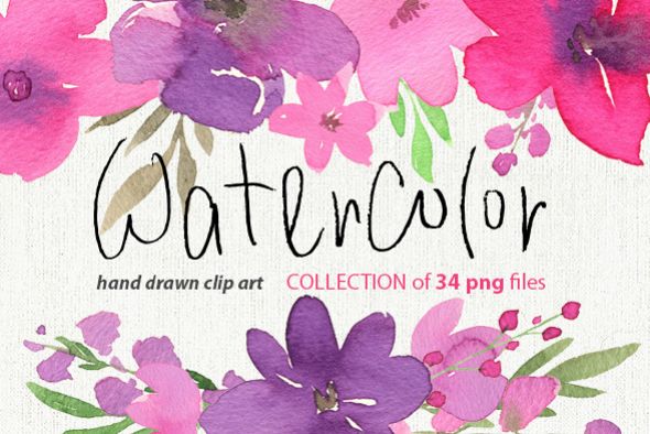 Watercolor pink purple flowers example image 1