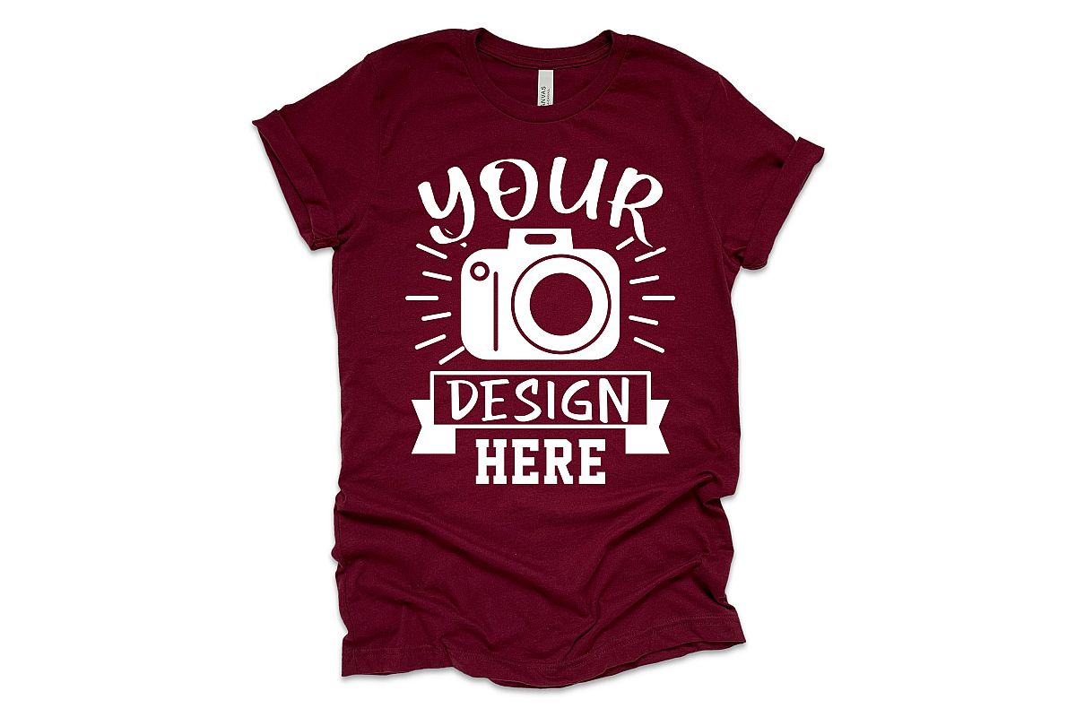 Bella Canvas 3001 Mockup, flat lay Maroon t-shirt mockup example image 1