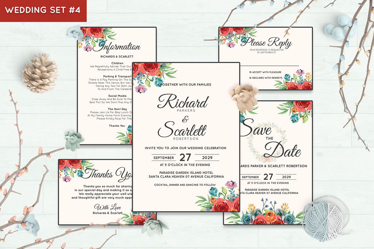 Wedding Invitation Set #4 Watercolor Floral Flower Style example image 1