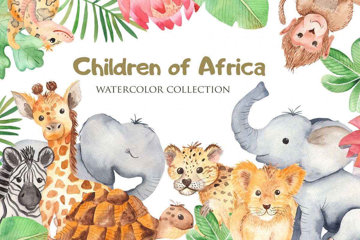 Zebra, giraffe, crocodile, elephant, lion watercolor clipart example image 1
