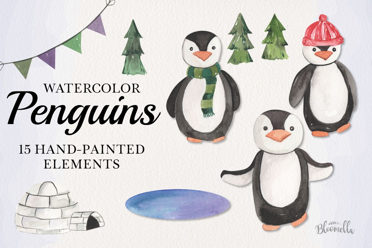 Penguins Watercolor 15 Elements Cute Trees Winter Xmas Fun example image 1