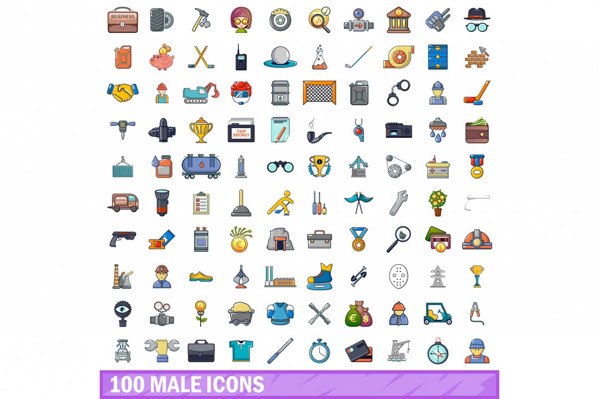 100 male icons set, cartoon style example image 1