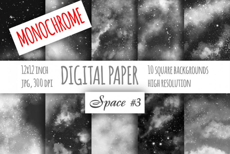 Monochrome watercolor galaxy digital paper. Cloudy textures example image 1
