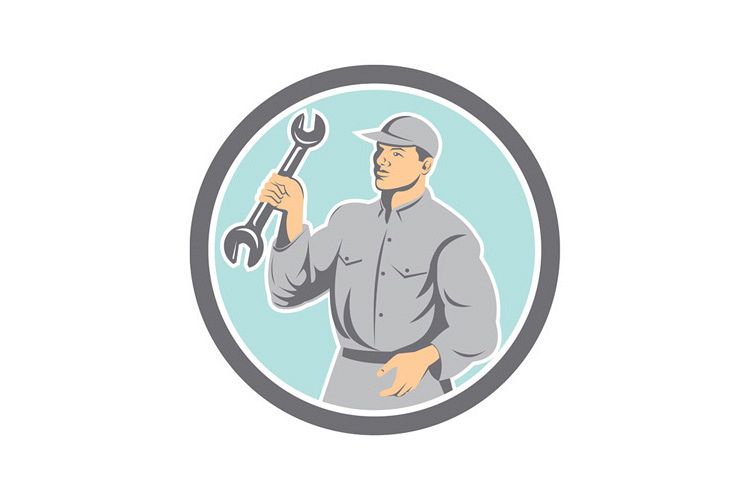 Mechanic Holding Spanner Wrench Circle Retro example image 1