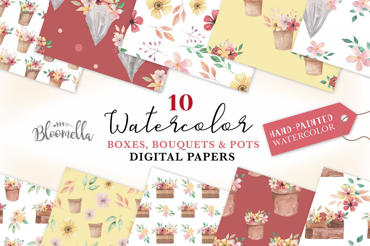 Flower Pots Seamless Patterns Digital Papers Bouquets Floral example image 1