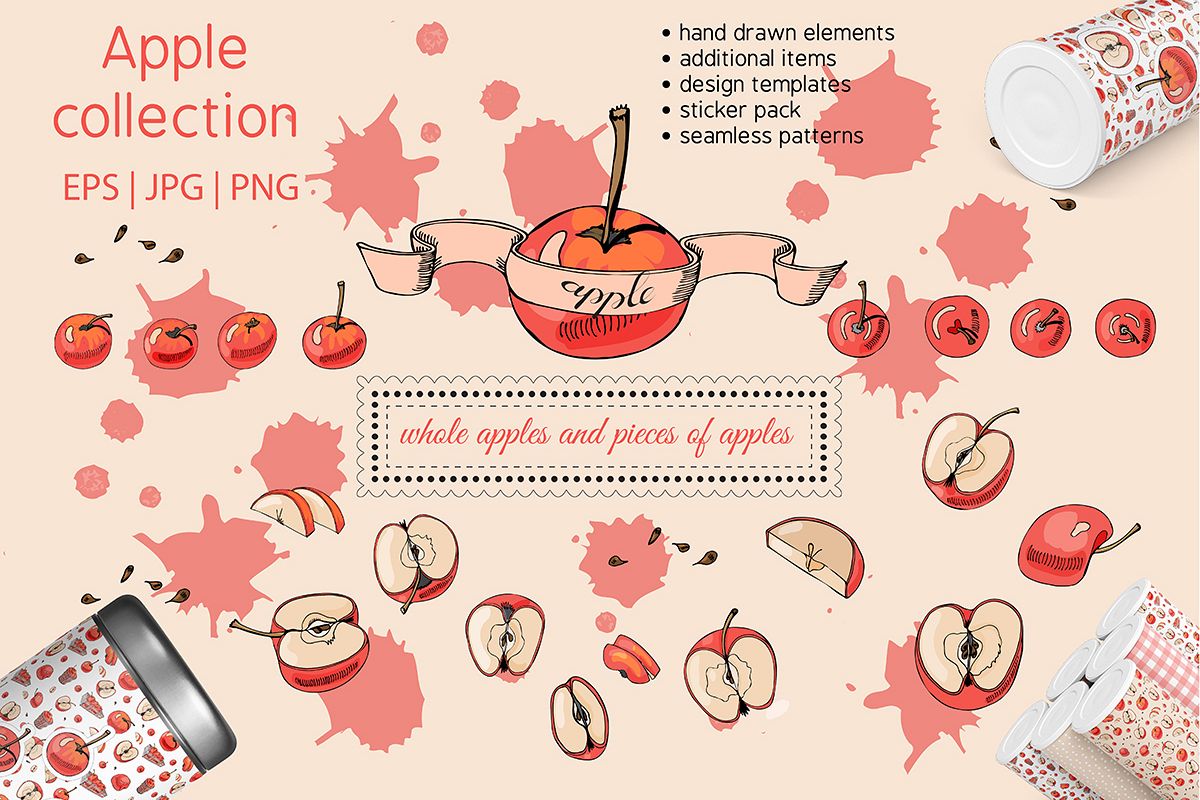 Collection with apple fruits illustration. Hand drawn sketch example image 1