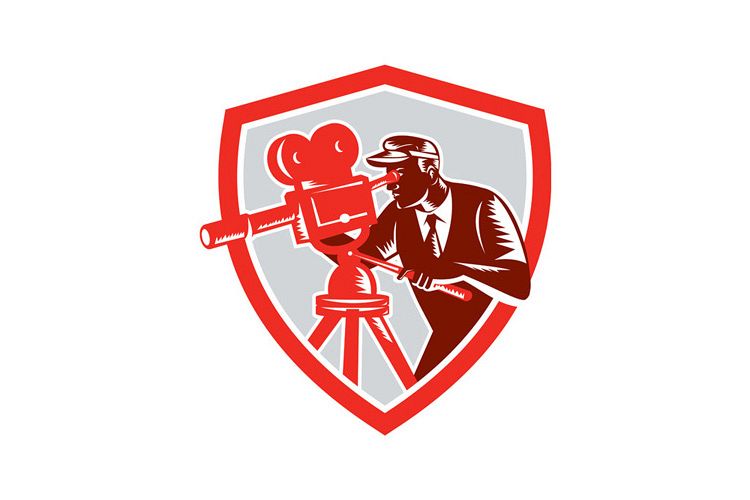 Cameraman Vintage Movie Camera Shield Woodcut example image 1