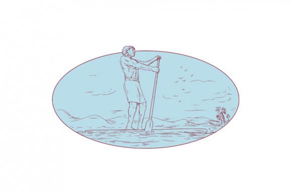 Guy Stand Up Paddle Tropical Island Oval Drawing example image 1