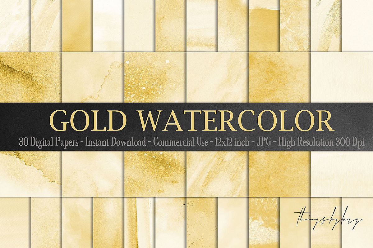30 Ombre Gold Paint Brush Stroke Watercolor Digital Papers example image 1