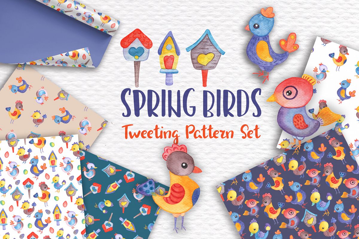 Watercolor Birds Spring Pattern Set example image 1