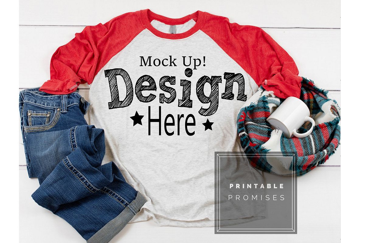 Download Raglan Mockup Next Level 6051 Red Raglan Mockup Shirt (153969) | Mock Ups | Design Bundles