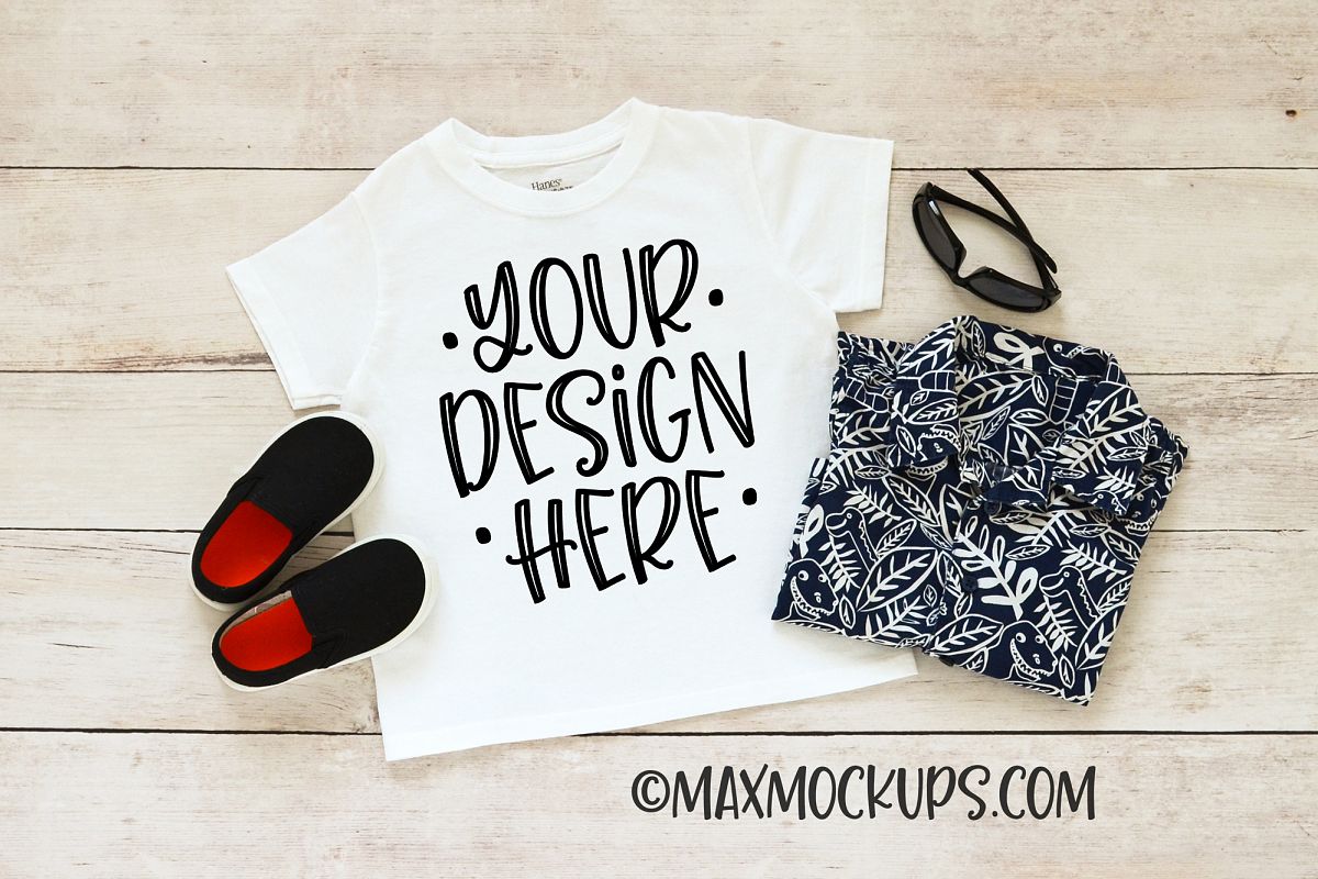 White kids shirt Mockup, shoes, Hawaiian shirt & sunglasses example image 1