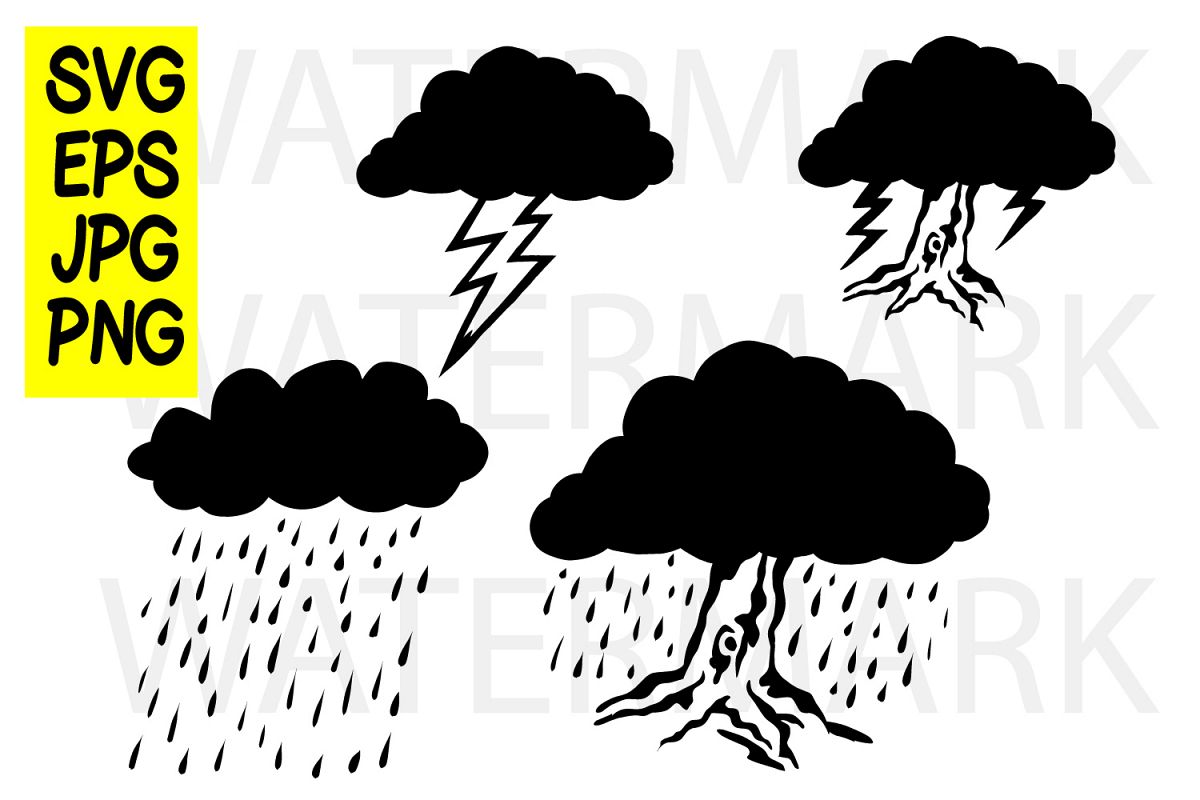 Cloud Thunder Rain and Tree - SVG EPS JPG PNG example image 1