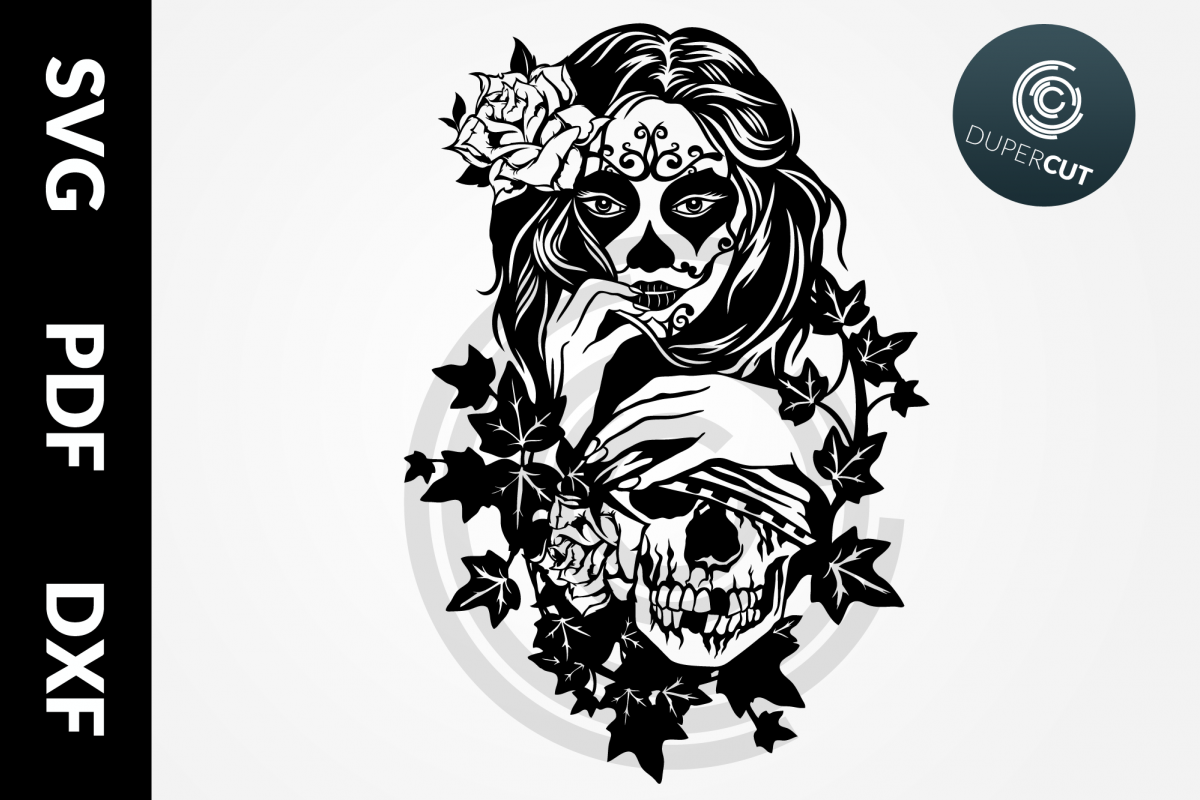 Download SVG / PDF / DXF Female Sugar Skull, Papercutting Template