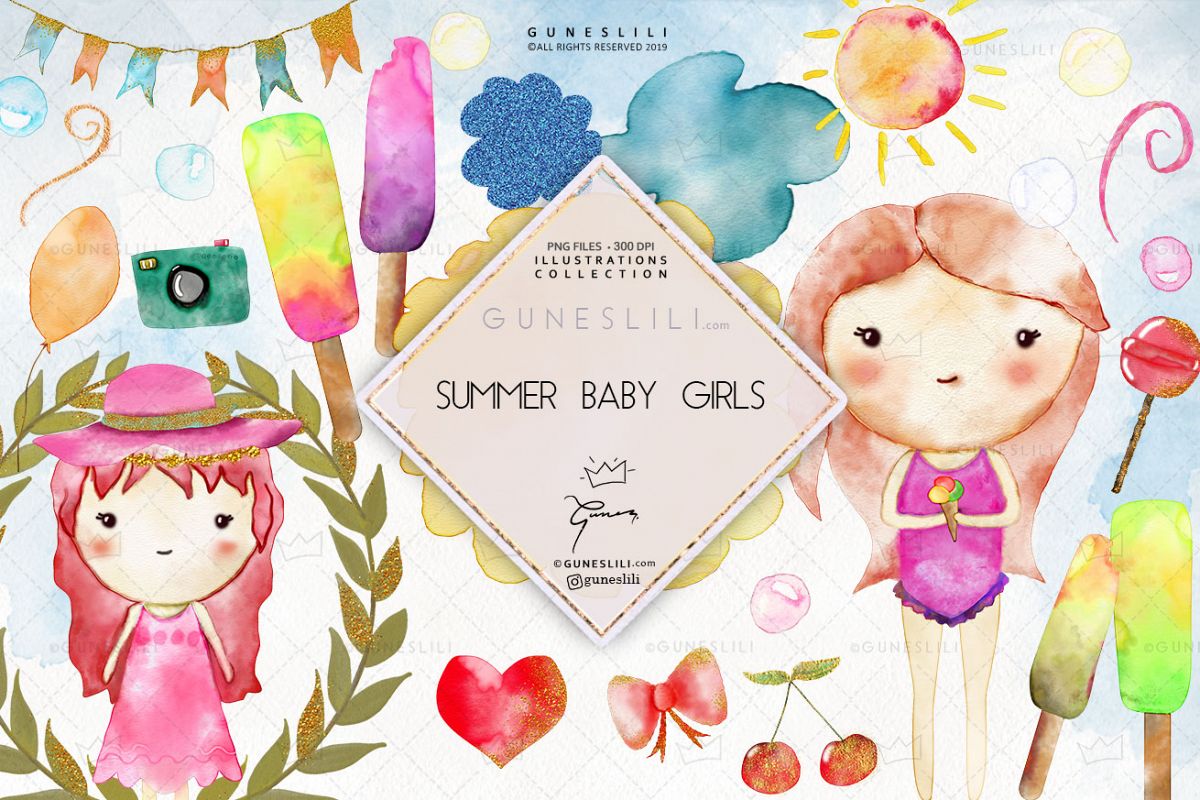 Watercolor Baby Girl Summer Clipart Baby Nursery Graphics example image 1