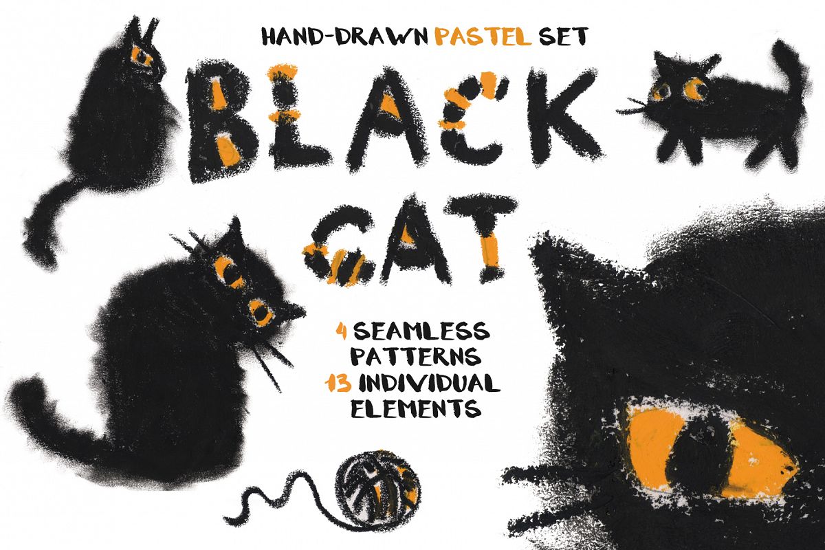 Black cat hand-drawn pastel set example image 1