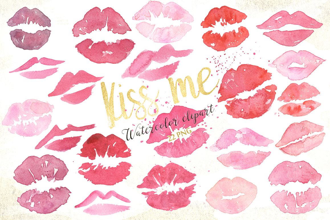 Kisses. Valentine watercolor clipart example image 1