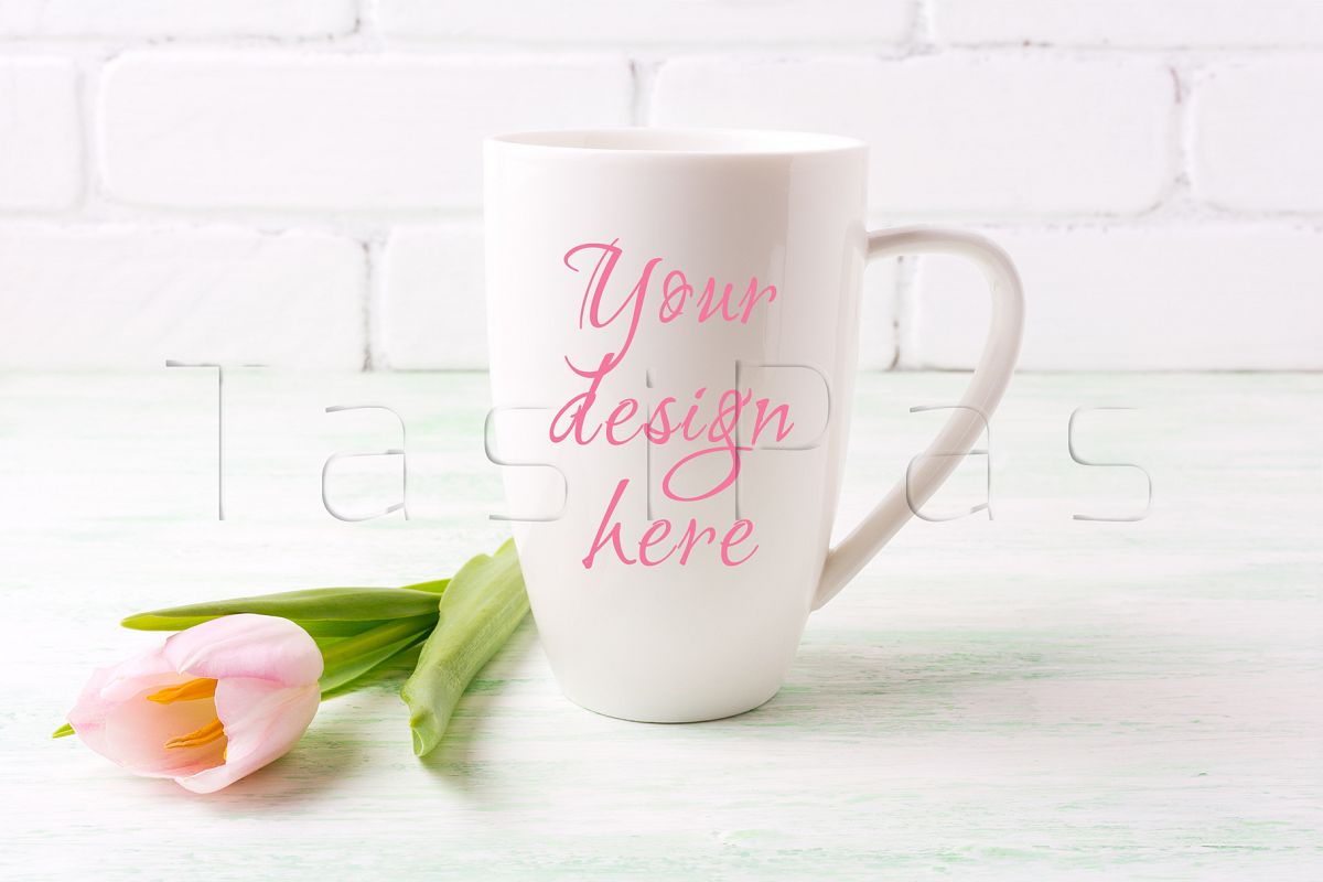 White coffee cappuccino mug mockup with tender pink tulip flower. example image 1