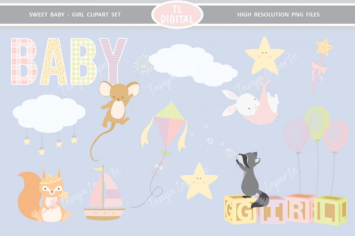 Sweet Baby Girl Clipart Set - 26 Baby themed Graphics example image 1