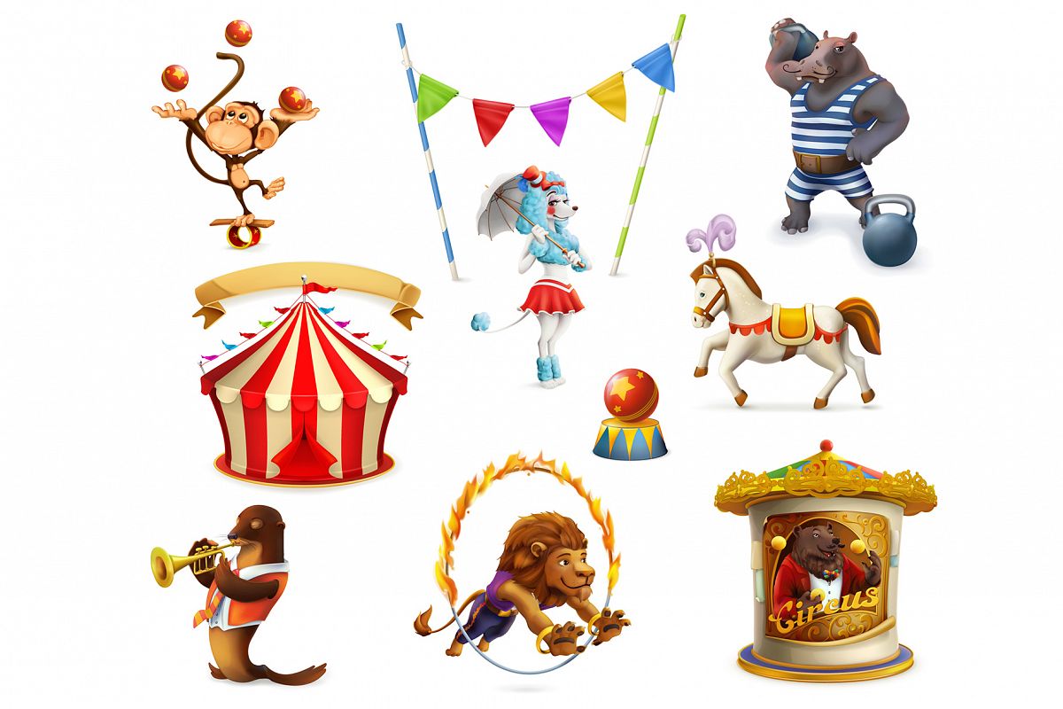 Circus lion, monkey, bear, poodle, hippo. Circus tent vector example image 1