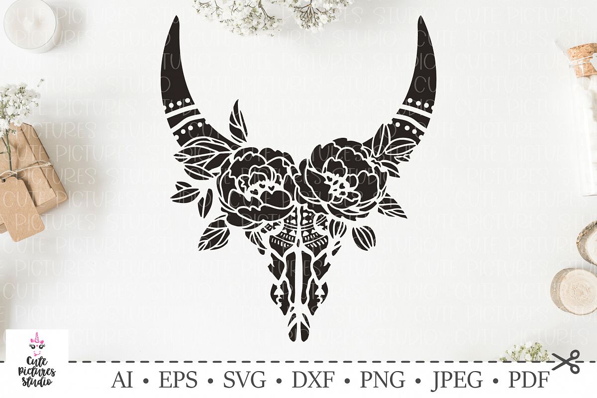 Download Skull of bull with a wreath of flowers and leaves. SVG cut.