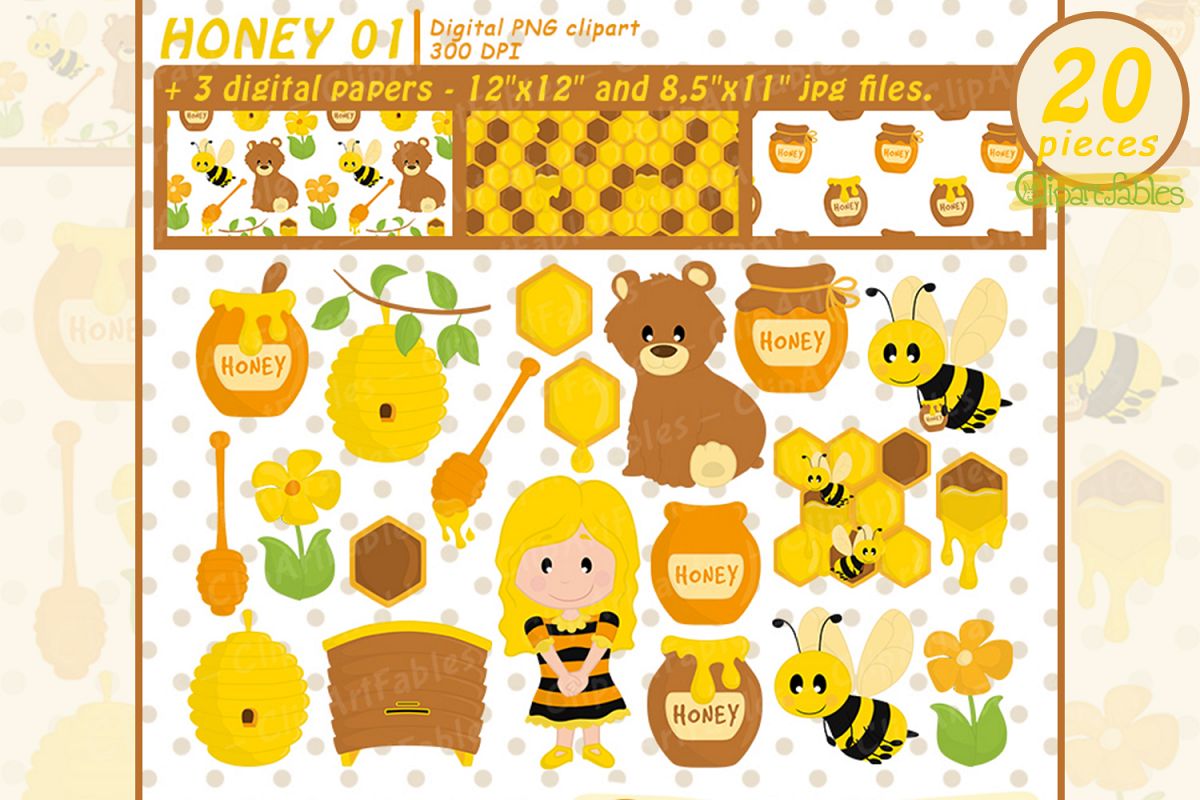Bee Clipart Set, Honey art, Bumble Bee and DIGITAL papers example image 1