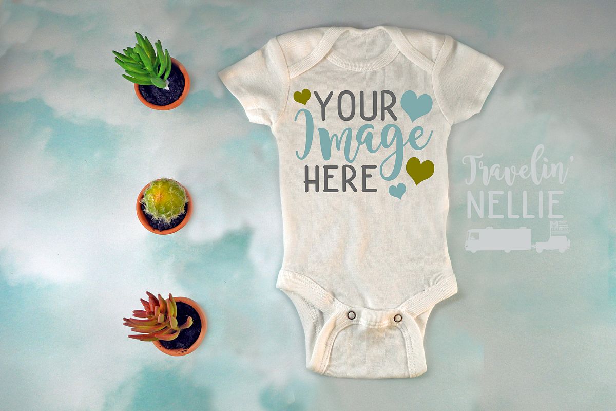 White Bodysuit Mockup One Piece Styled Baby Cacuts Clouds example image 1