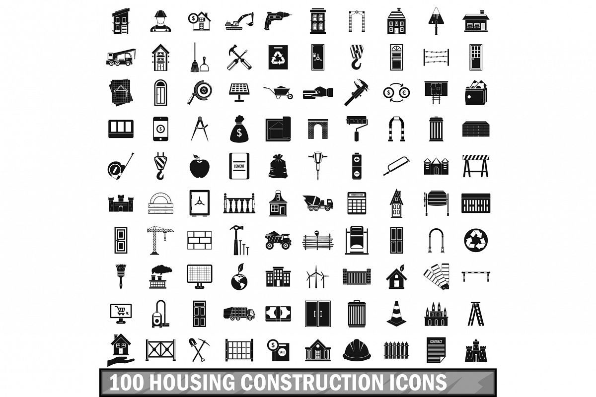 100 housing construction icons set, simple style example image 1