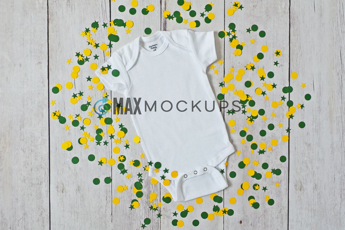 Baby bodysuit Mockup, green gold confetti flatlay display example image 1
