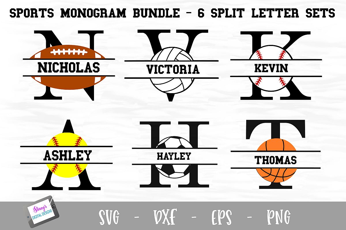 Sports Monogram Bundle - 6 Sets of Sports Split Letters A-Z example image 1