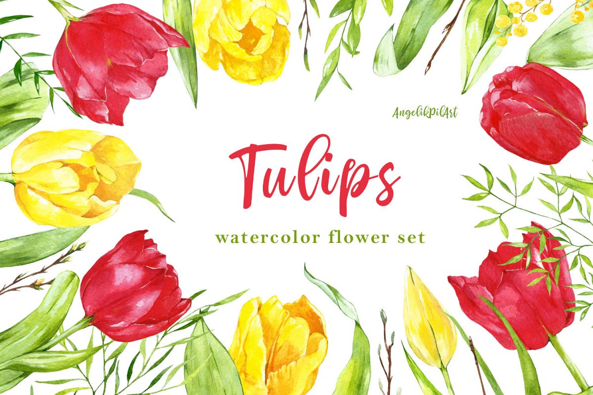 Watercolor hand- painted clipart. red ,yellow tulips, example image 1