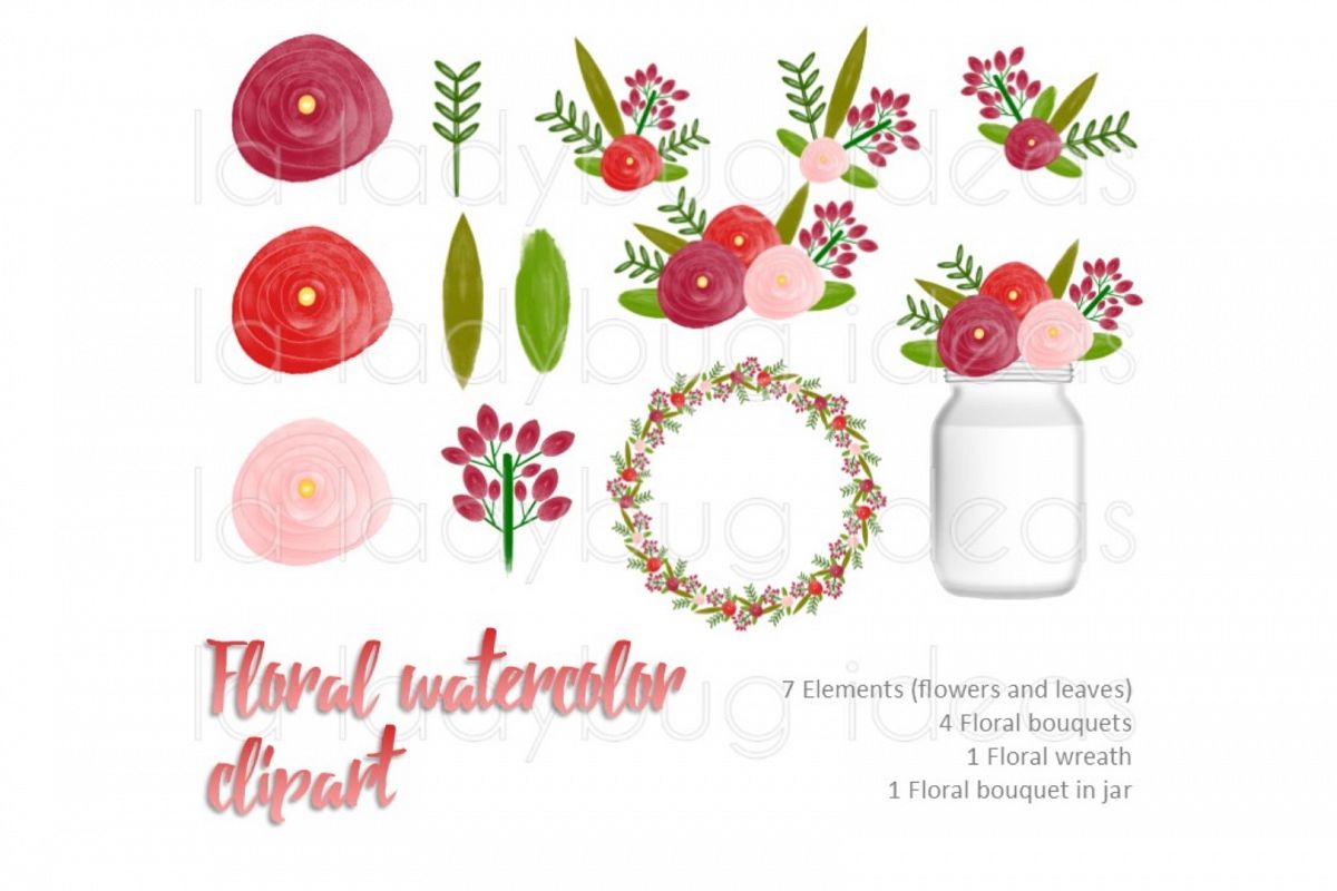 Red floral watercolor clip art collection. example image 1
