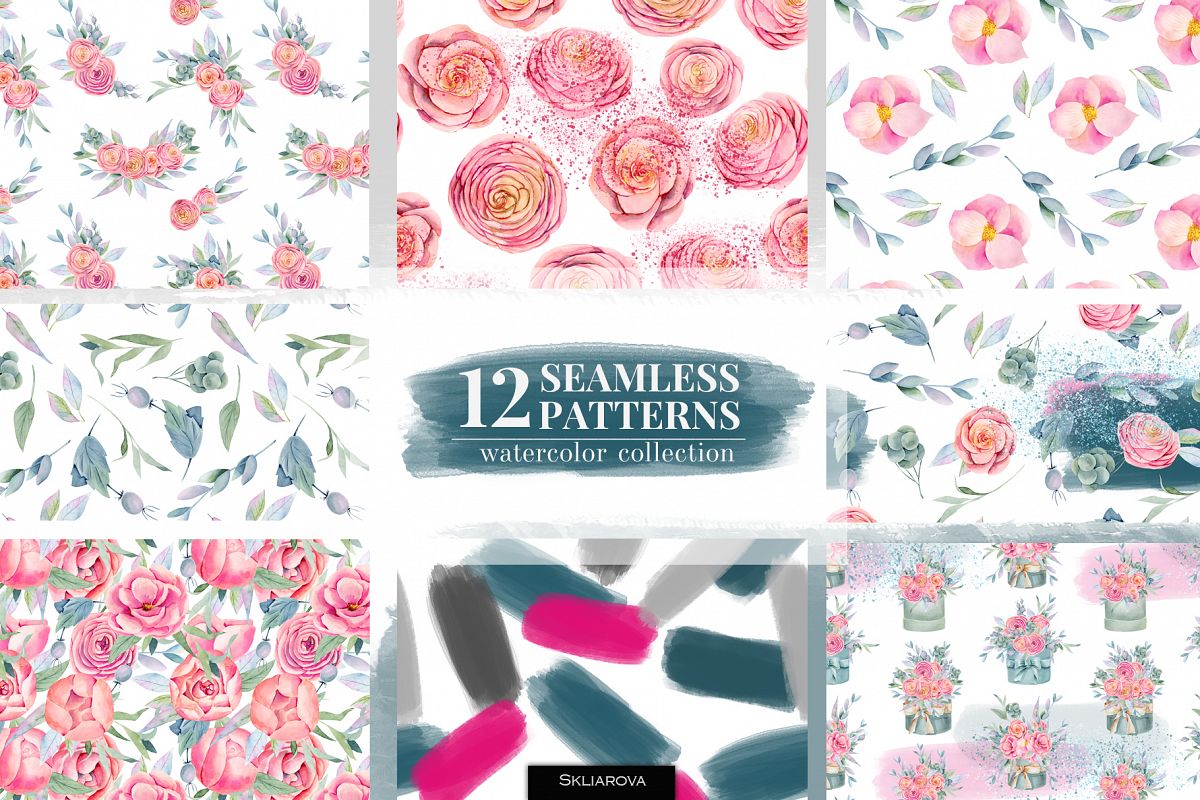 12 seamless patterns, Floral boxes watercolor col. example image 1