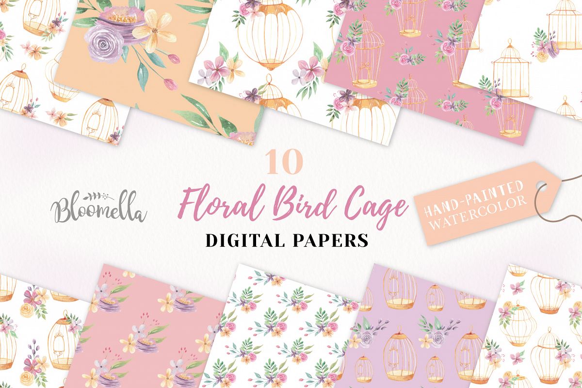 Birdcage Flower Patterns Digital Papers Peach Wedding Floral example image 1
