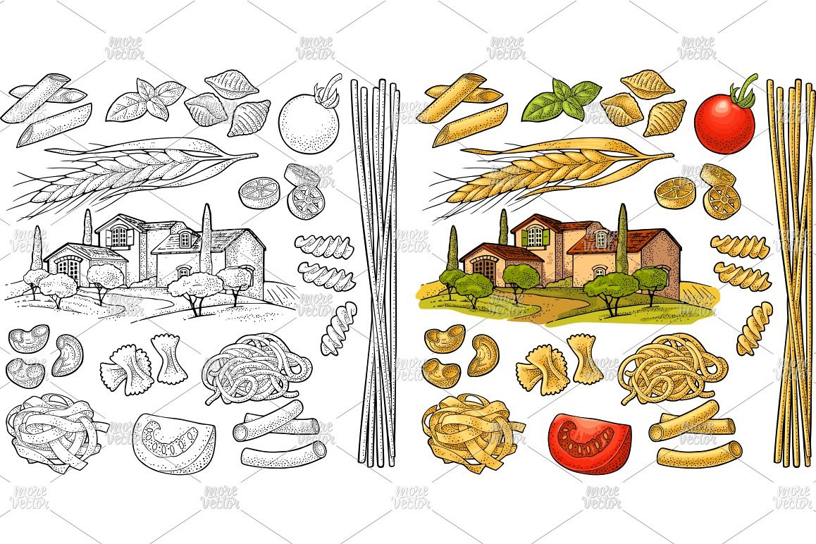 Different types macaroni and farm Vector vintage engraving example image 1